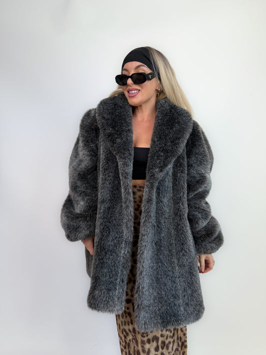 Vintage Faux Fur Coat Frosted Black Gray Raccoon Look Winter Jacket L-XL