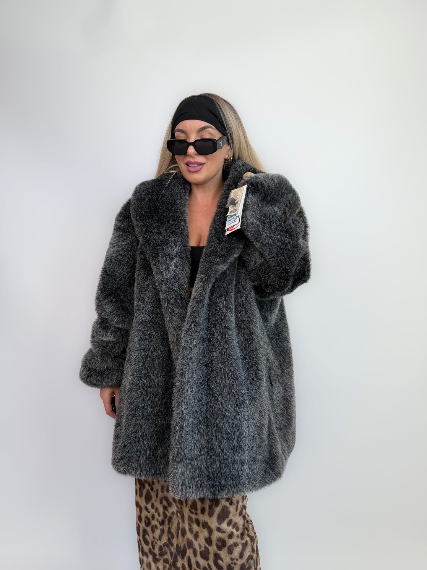 Vintage Faux Fur Coat Frosted Black Gray Raccoon Look Winter Jacket L-XL