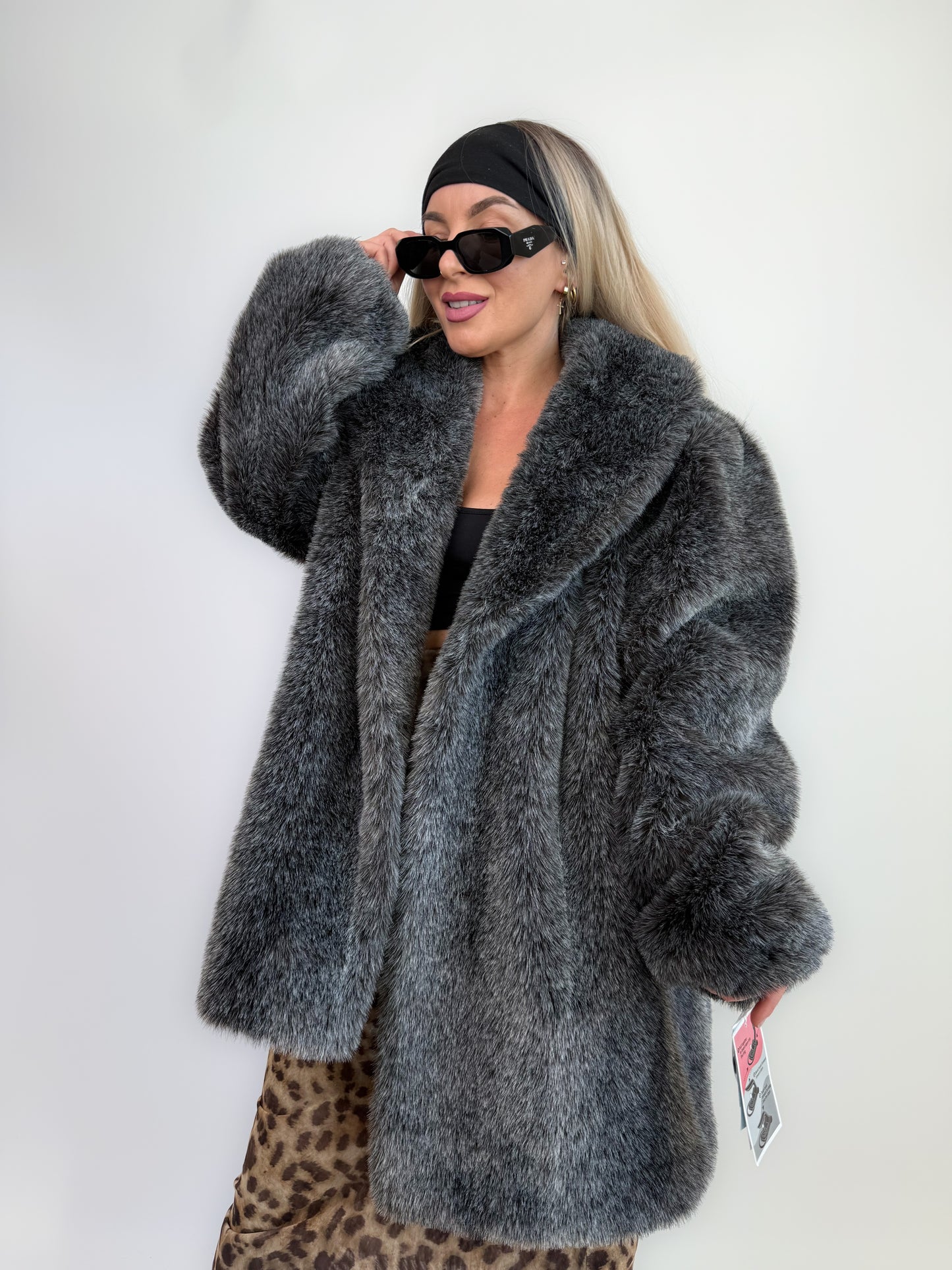 Vintage Faux Fur Coat Frosted Black Gray Raccoon Look Winter Jacket L-XL