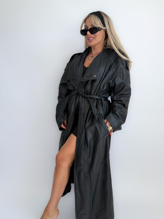 Vintage 90s Black Leather Mens Trench Coat – Oversized Y2K Grunge Street Style with Waist Belt - L