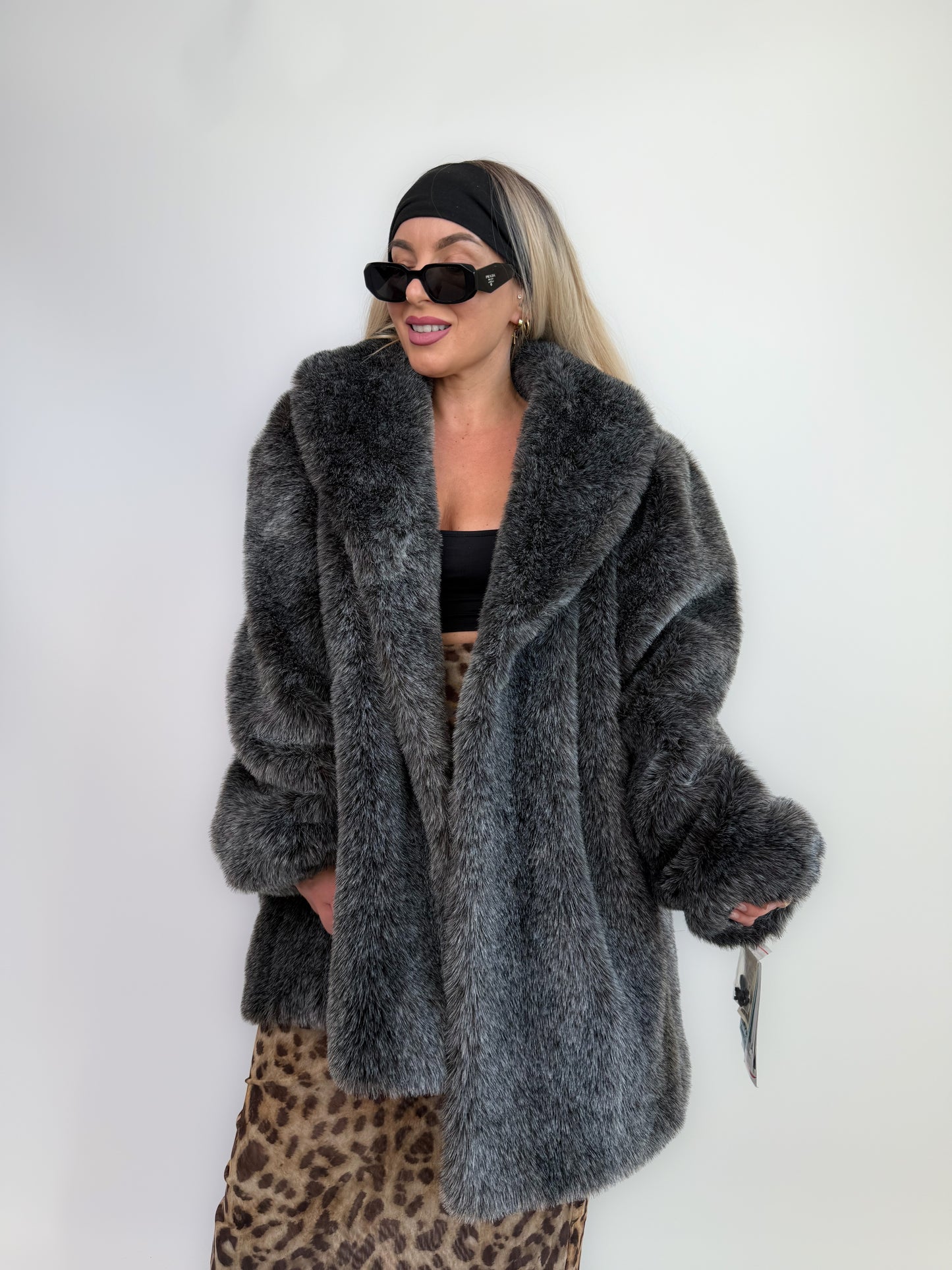 Vintage Faux Fur Coat Frosted Black Gray Raccoon Look Winter Jacket L-XL
