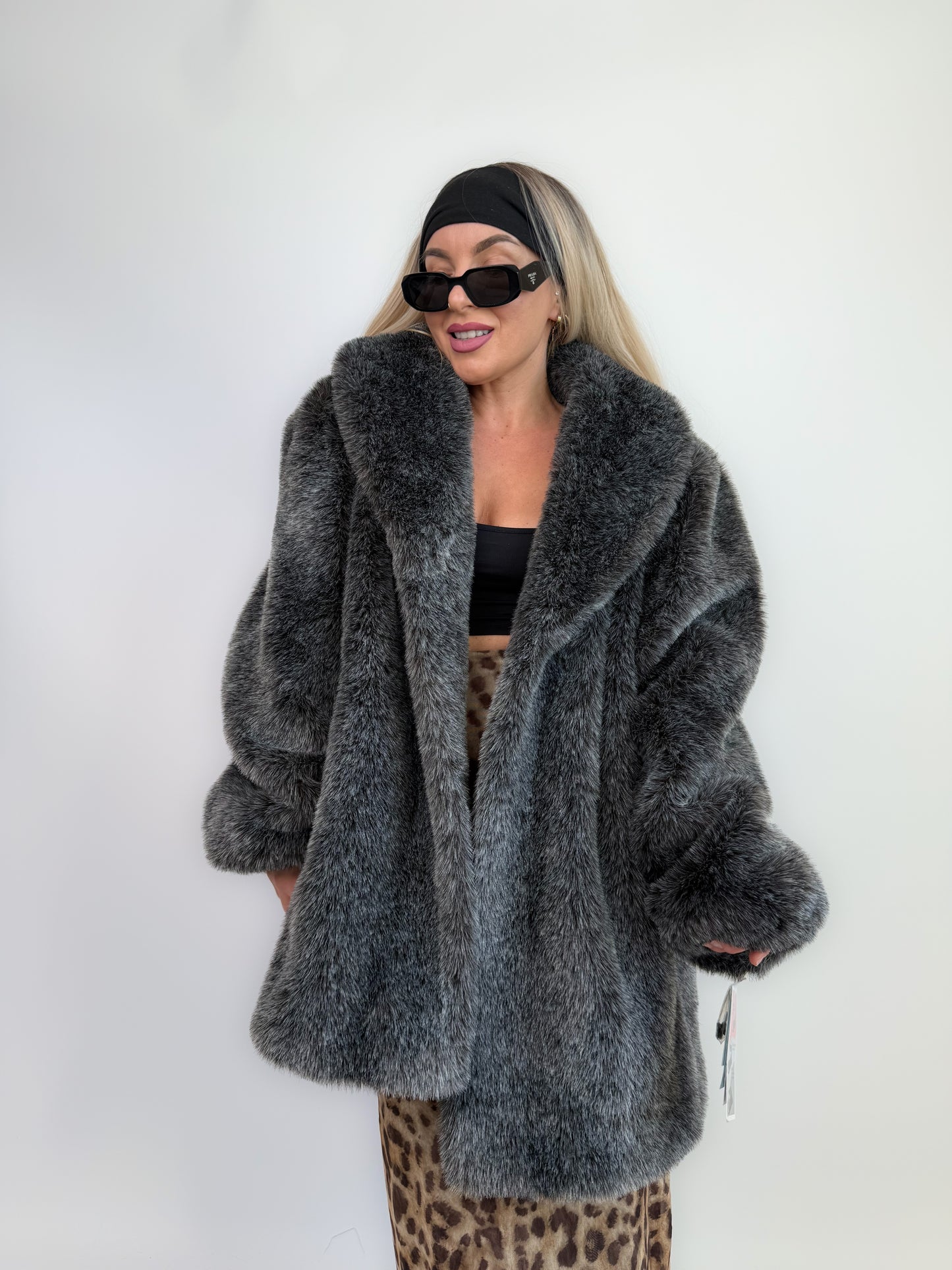 Vintage Faux Fur Coat Frosted Black Gray Raccoon Look Winter Jacket L-XL