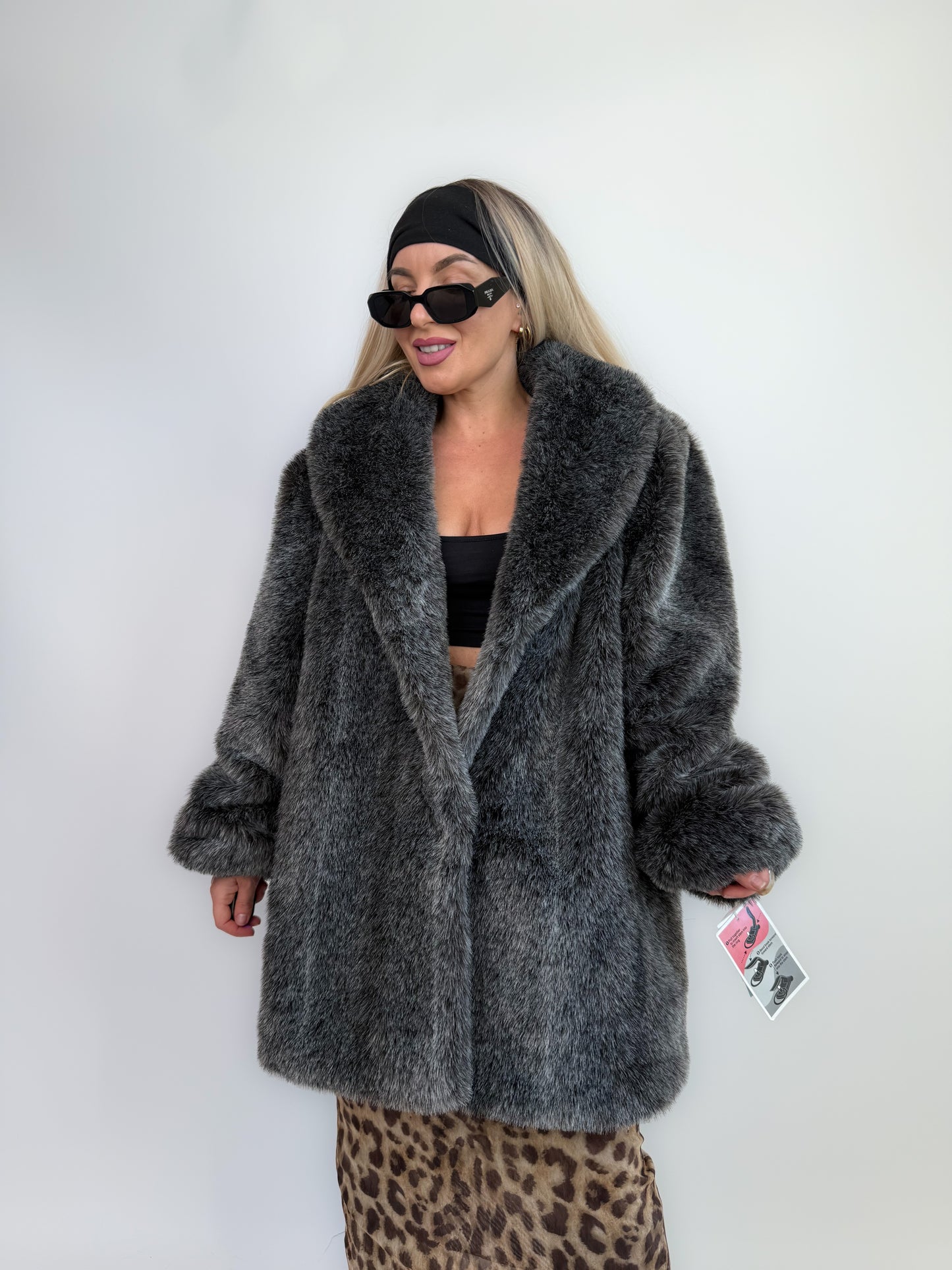 Vintage Faux Fur Coat Frosted Black Gray Raccoon Look Winter Jacket L-XL