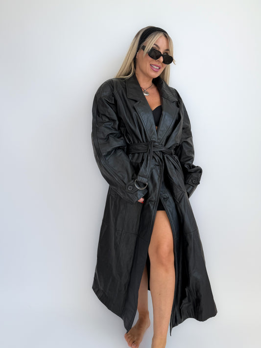 Vintage Black Genuine Leather Full Length Trench Coat – 90s Goth Grunge Statement Outerwear - L/XL