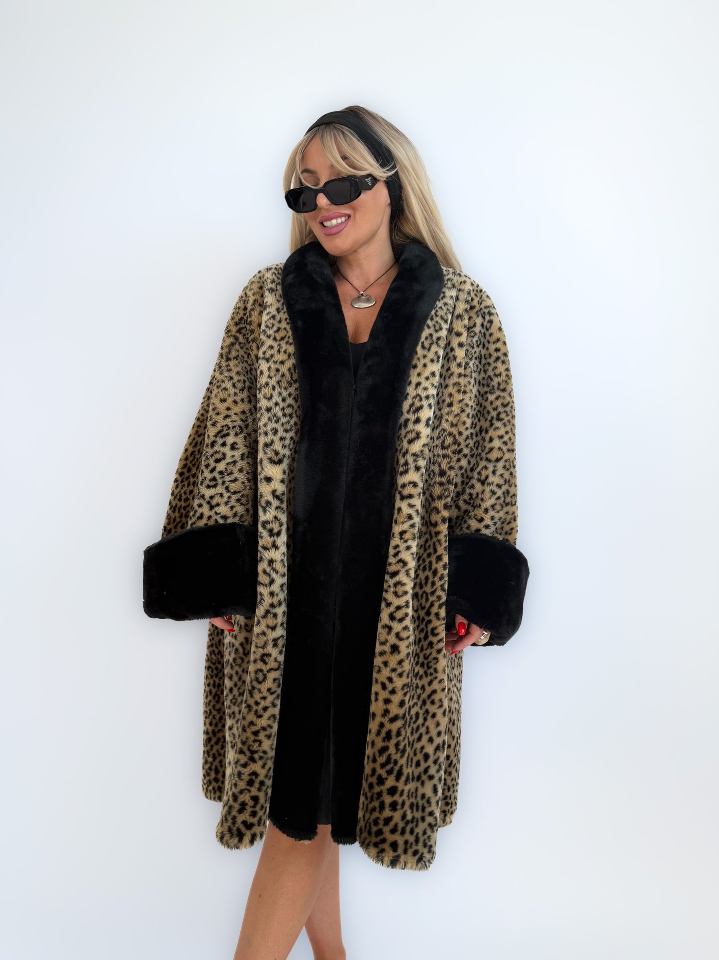 Vintage Cheetah Animal Print Faux Fur Coat – 90s Mob Wife Style Winter Jacket XL-XXL