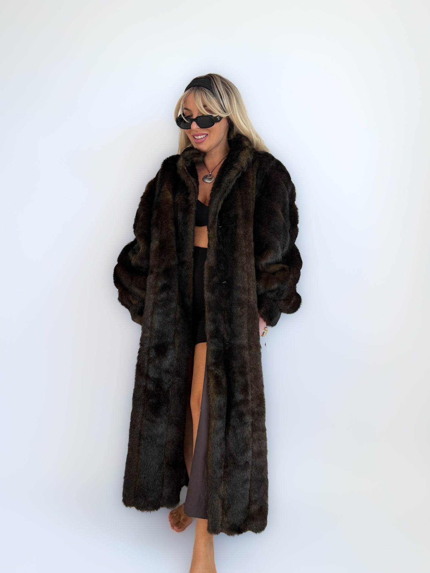 Vintage Long Faux Fur Coat – Full Length Dark Brown Plush Maxi Winter Jacket Size XL-XXL