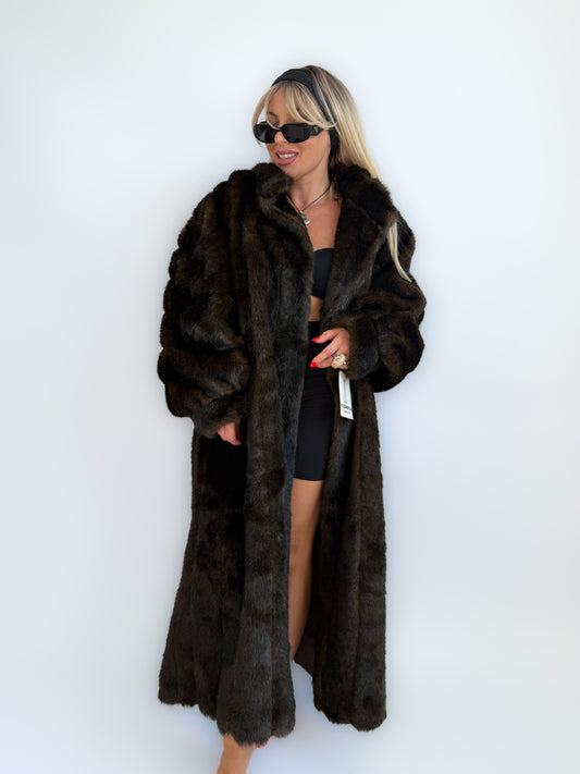 Vintage Long Faux Fur Coat – Full Length Dark Brown Plush Maxi Winter Jacket Size XL-XXL