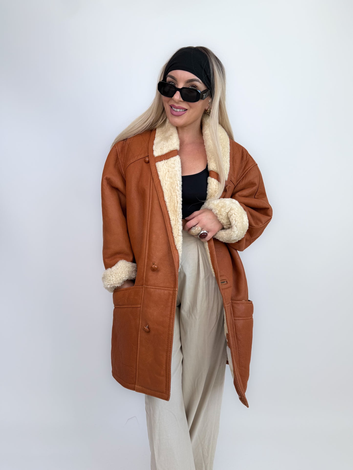 Vintage Shearling Sheepskin Leather Winter Coat Mens Womens