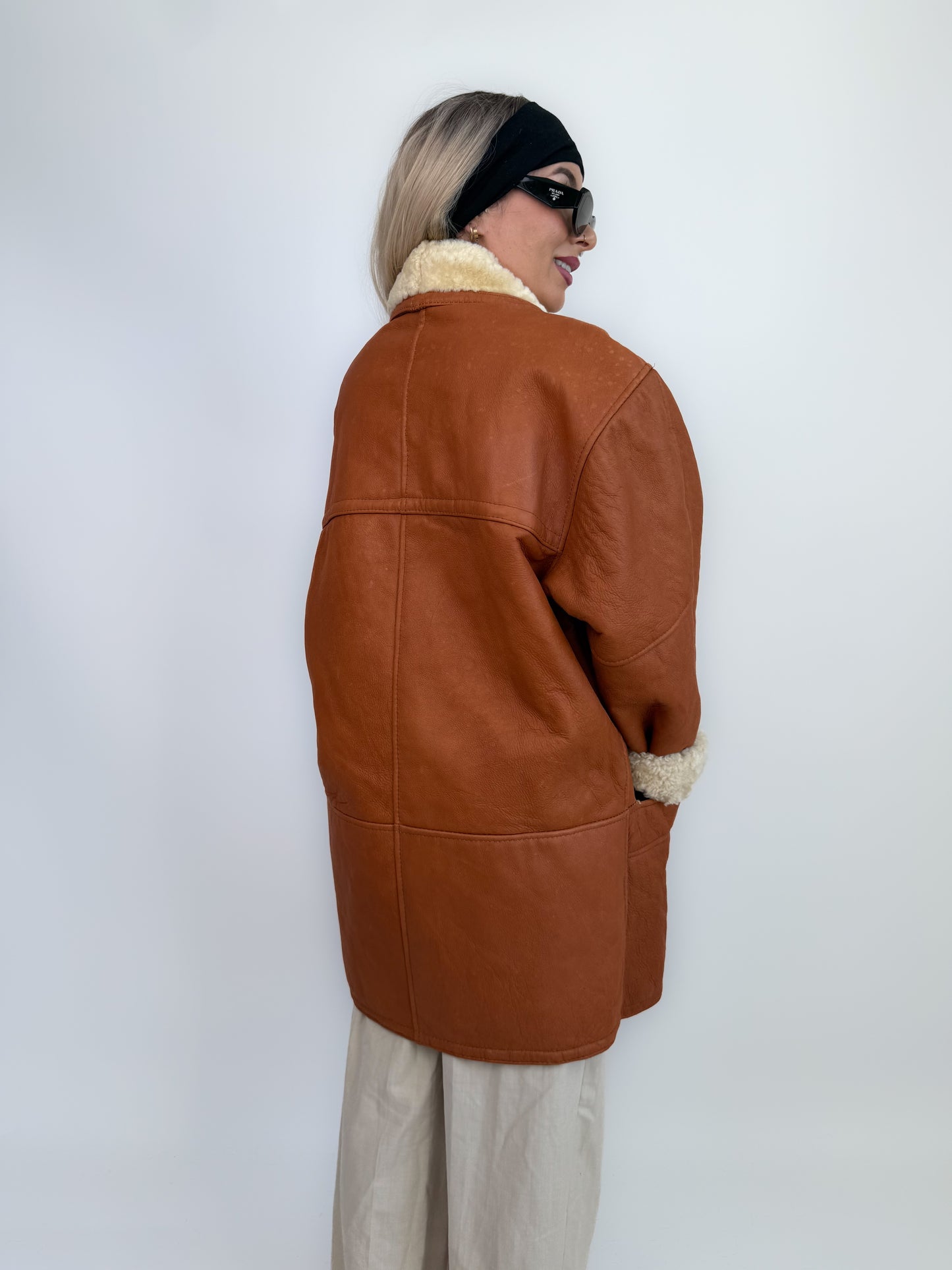 Vintage Shearling Sheepskin Leather Winter Coat Mens Womens