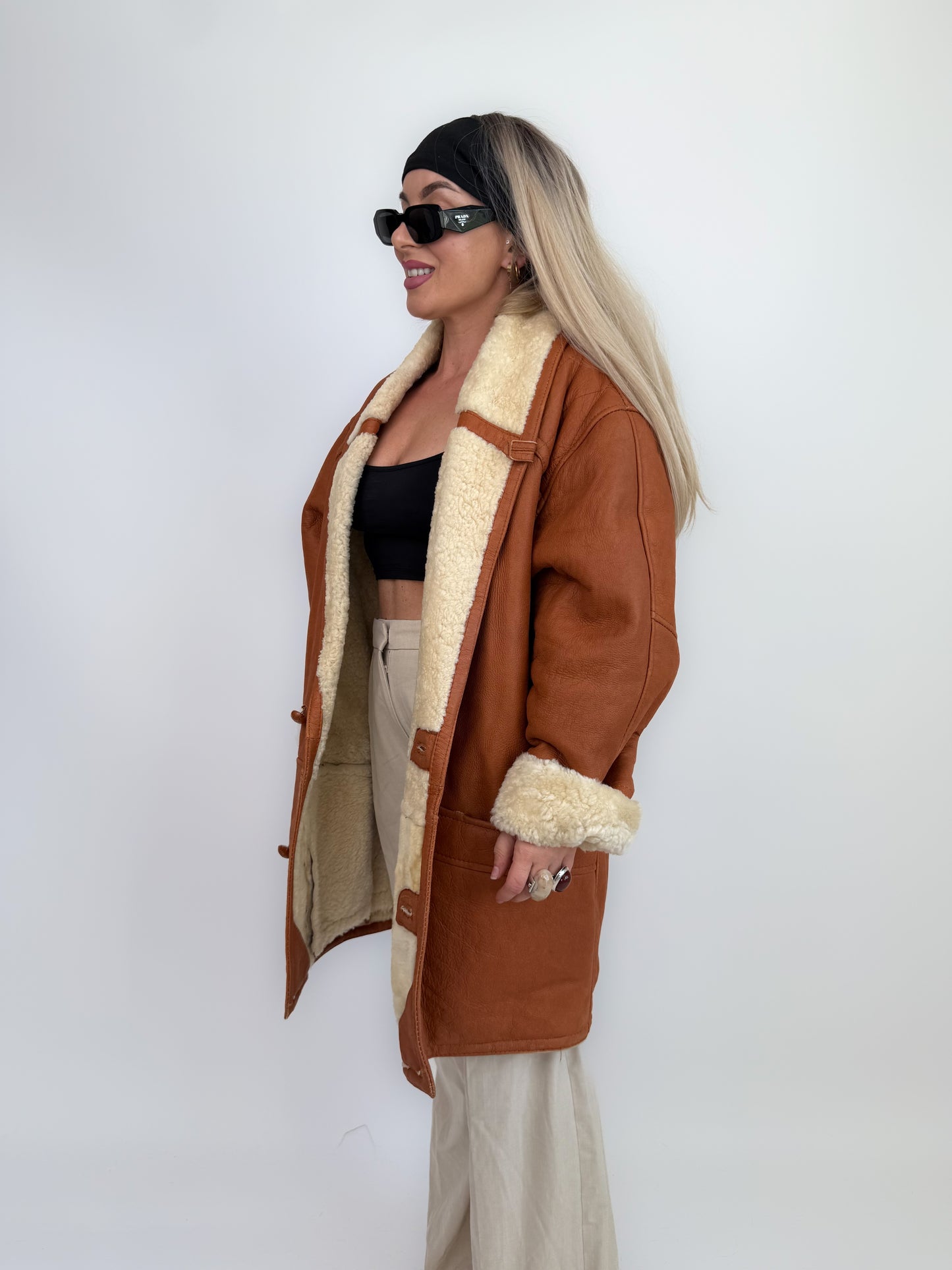 Vintage Shearling Sheepskin Leather Winter Coat Mens Womens