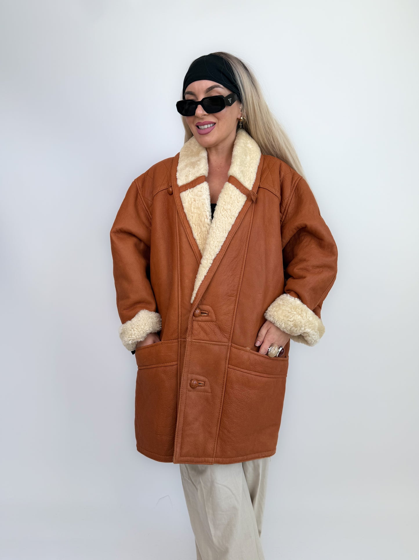 Vintage Shearling Sheepskin Leather Winter Coat Mens Womens