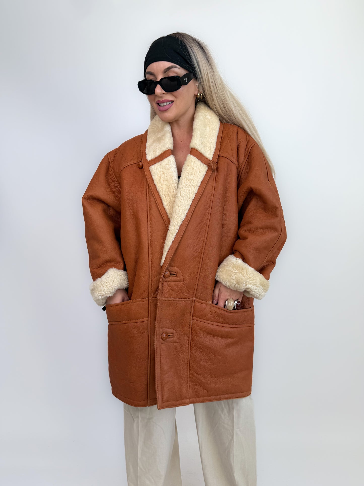 Vintage Shearling Sheepskin Leather Winter Coat Mens Womens