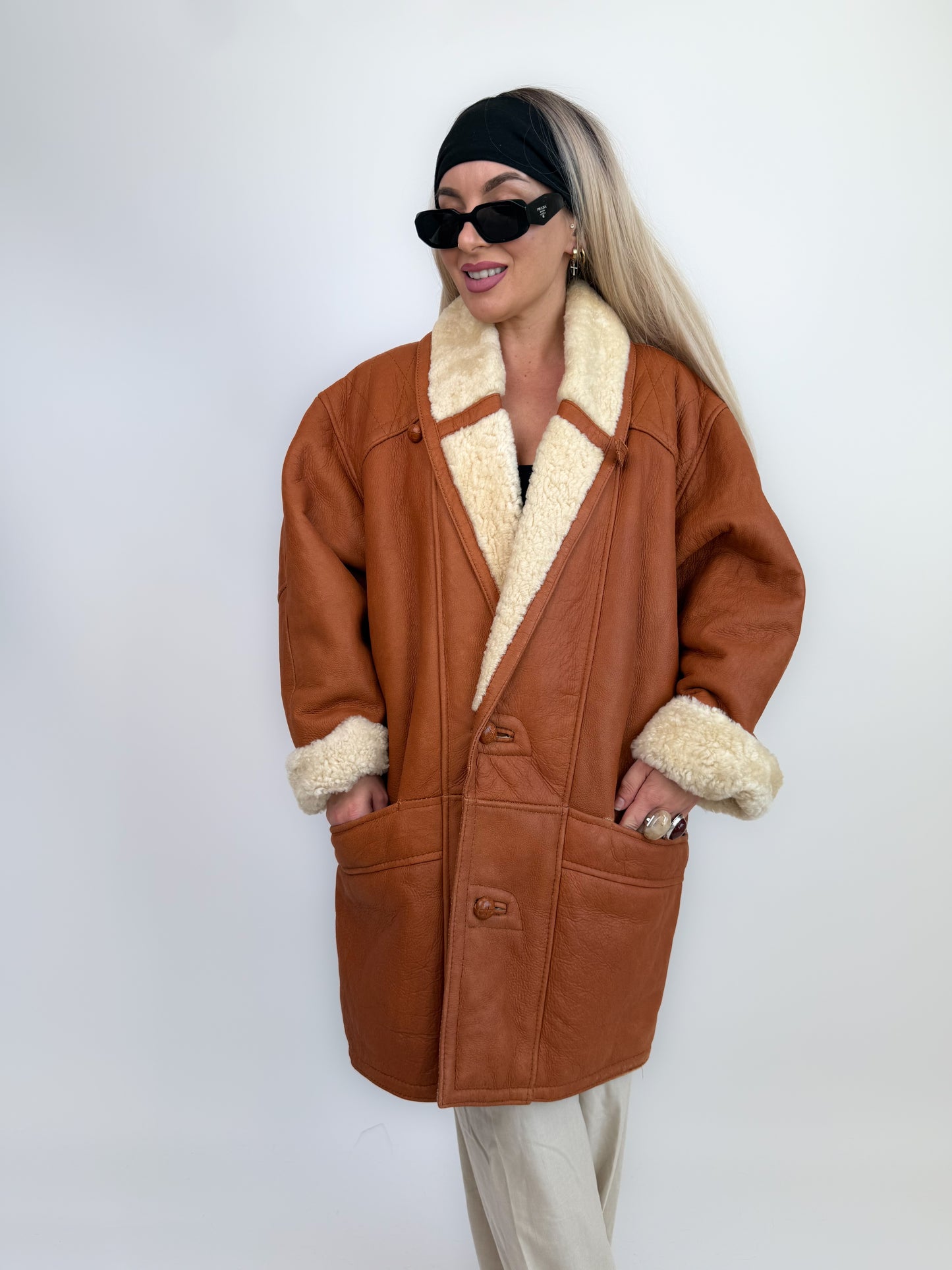 Vintage Shearling Sheepskin Leather Winter Coat Mens Womens