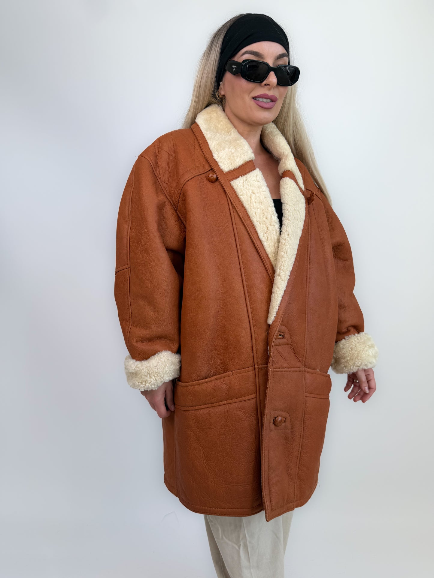 Vintage Shearling Sheepskin Leather Winter Coat Mens Womens