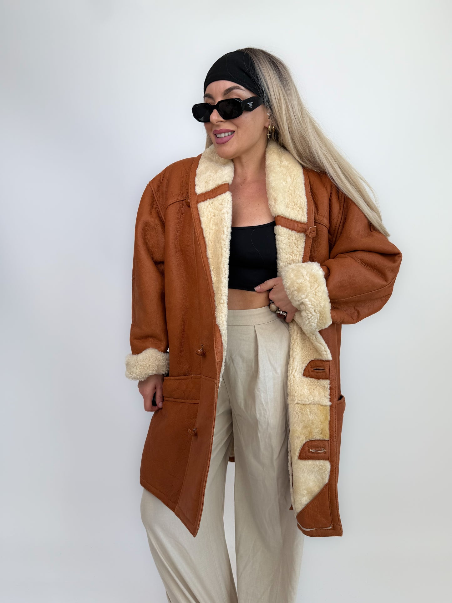 Vintage Shearling Sheepskin Leather Winter Coat Mens Womens