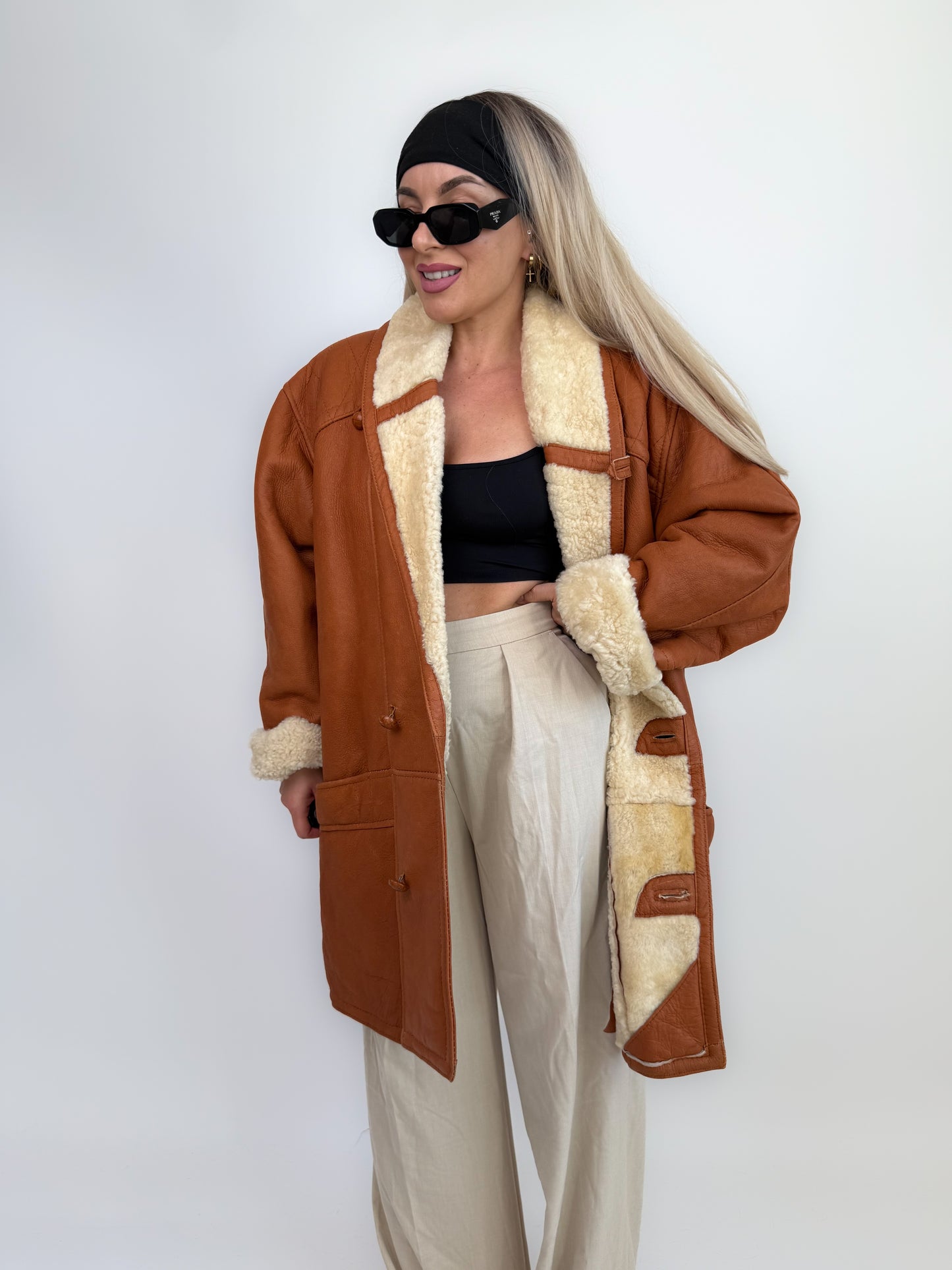 Vintage Shearling Sheepskin Leather Winter Coat Mens Womens