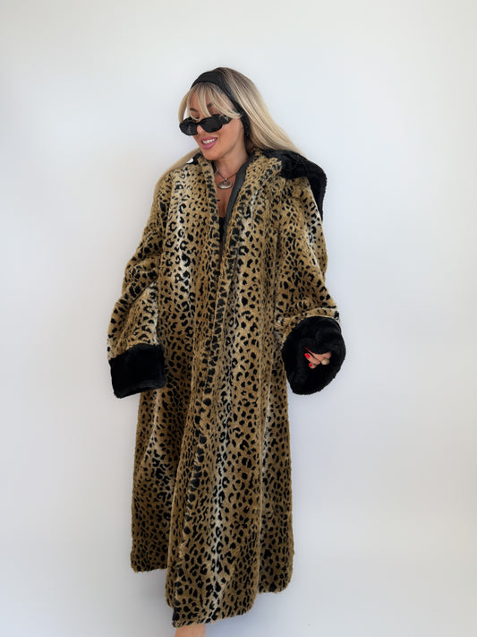 Vintage 90s Leopard Print Faux Fur Maxi Long Coat – Oversized Hooded Mob Wife Statement Jacket L-XL