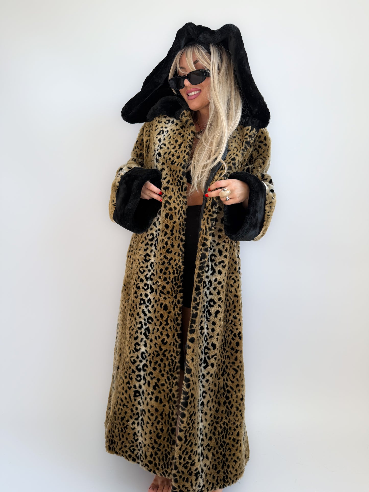 Vintage 90s Leopard Print Faux Fur Maxi Long Coat – Oversized Hooded Mob Wife Statement Jacket L-XL