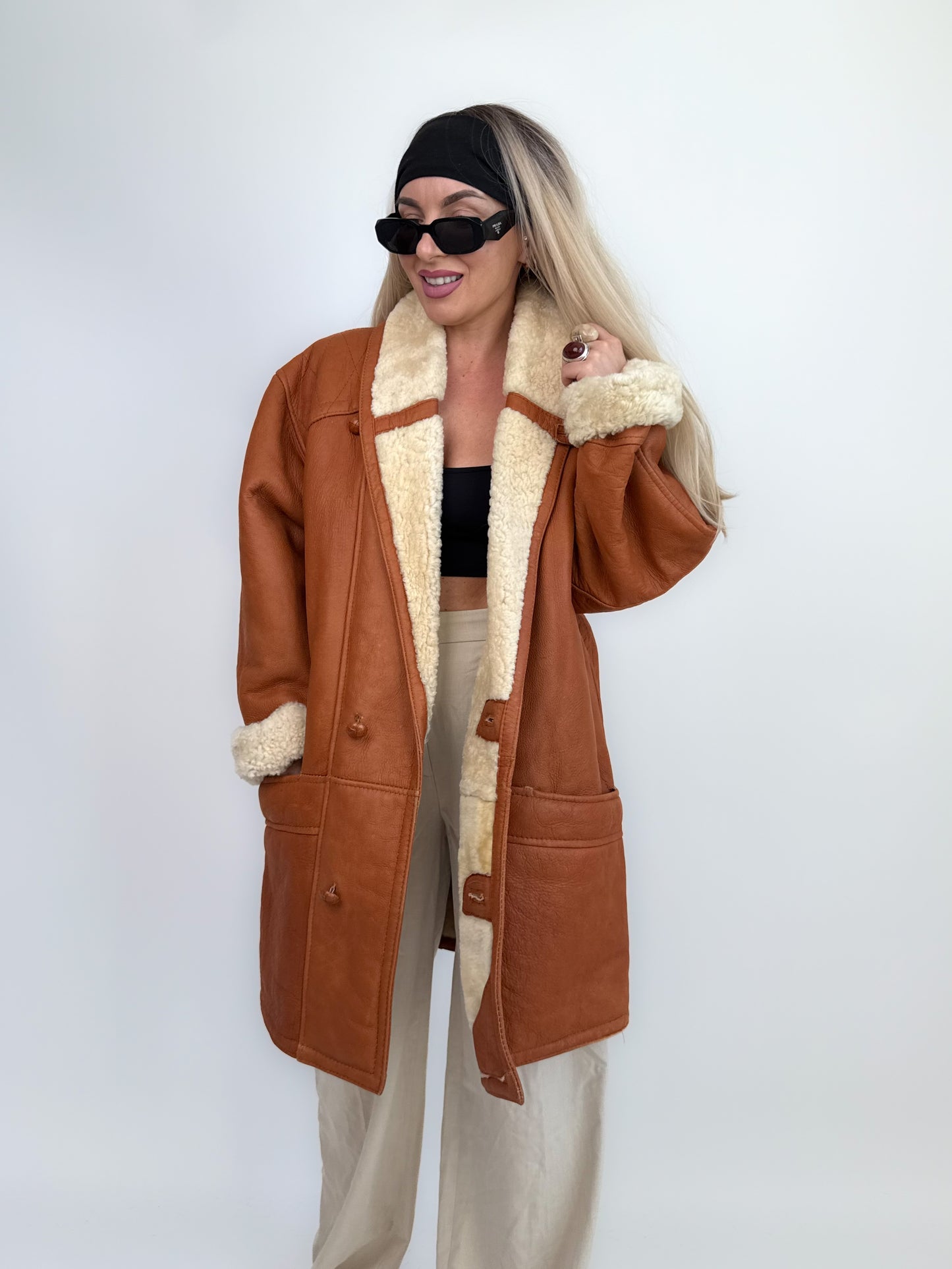 Vintage Shearling Sheepskin Leather Winter Coat Mens Womens