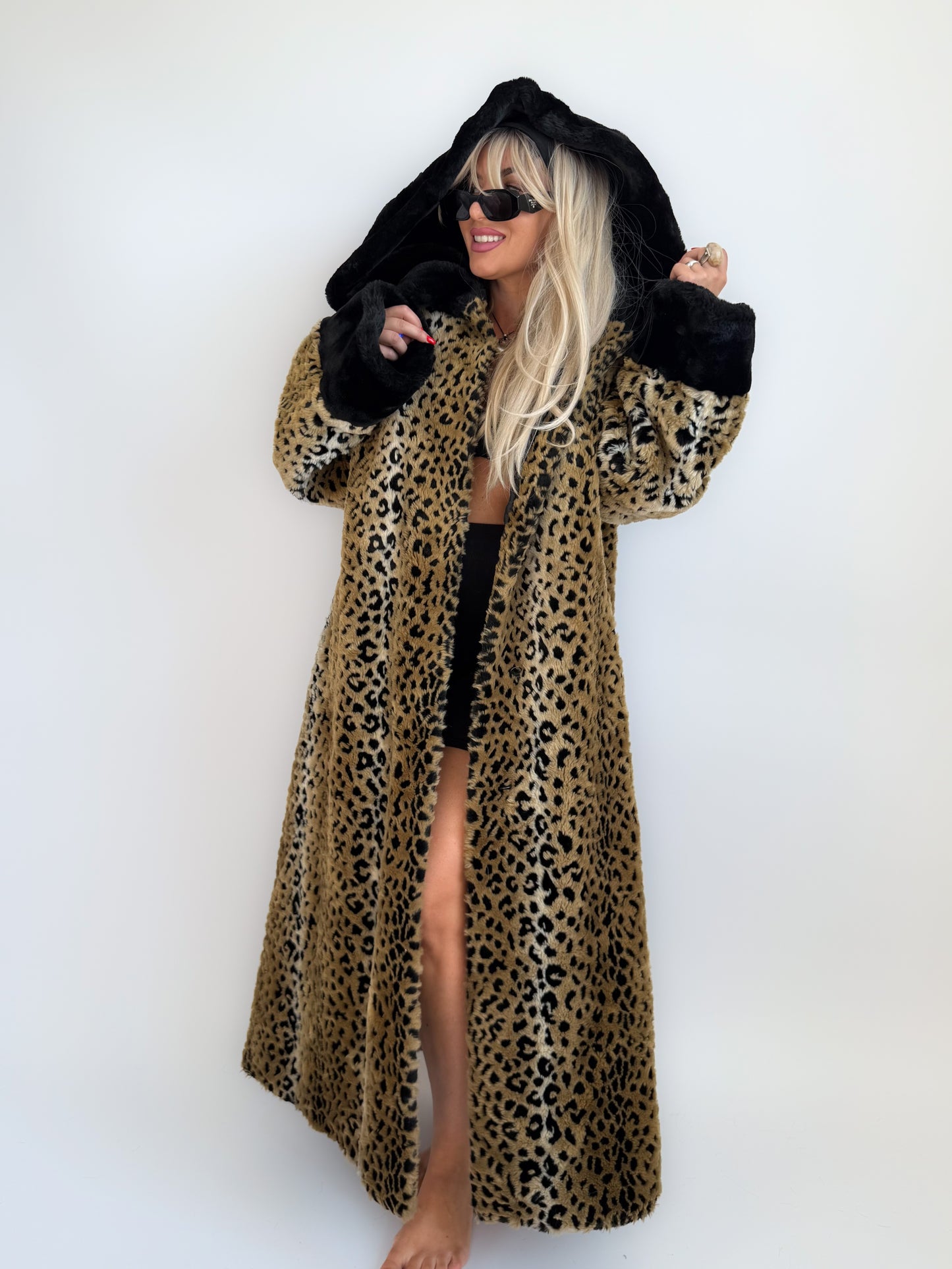 Vintage 90s Leopard Print Faux Fur Maxi Long Coat – Oversized Hooded Mob Wife Statement Jacket L-XL