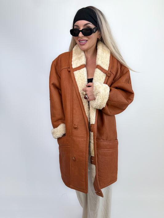 Vintage Shearling Sheepskin Leather Winter Coat Mens Womens