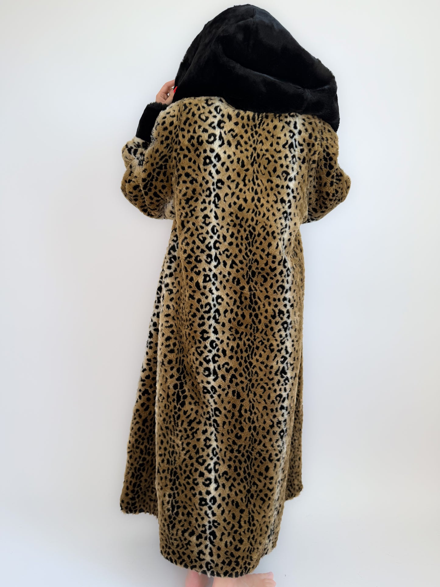 Vintage 90s Leopard Print Faux Fur Maxi Long Coat – Oversized Hooded Mob Wife Statement Jacket L-XL