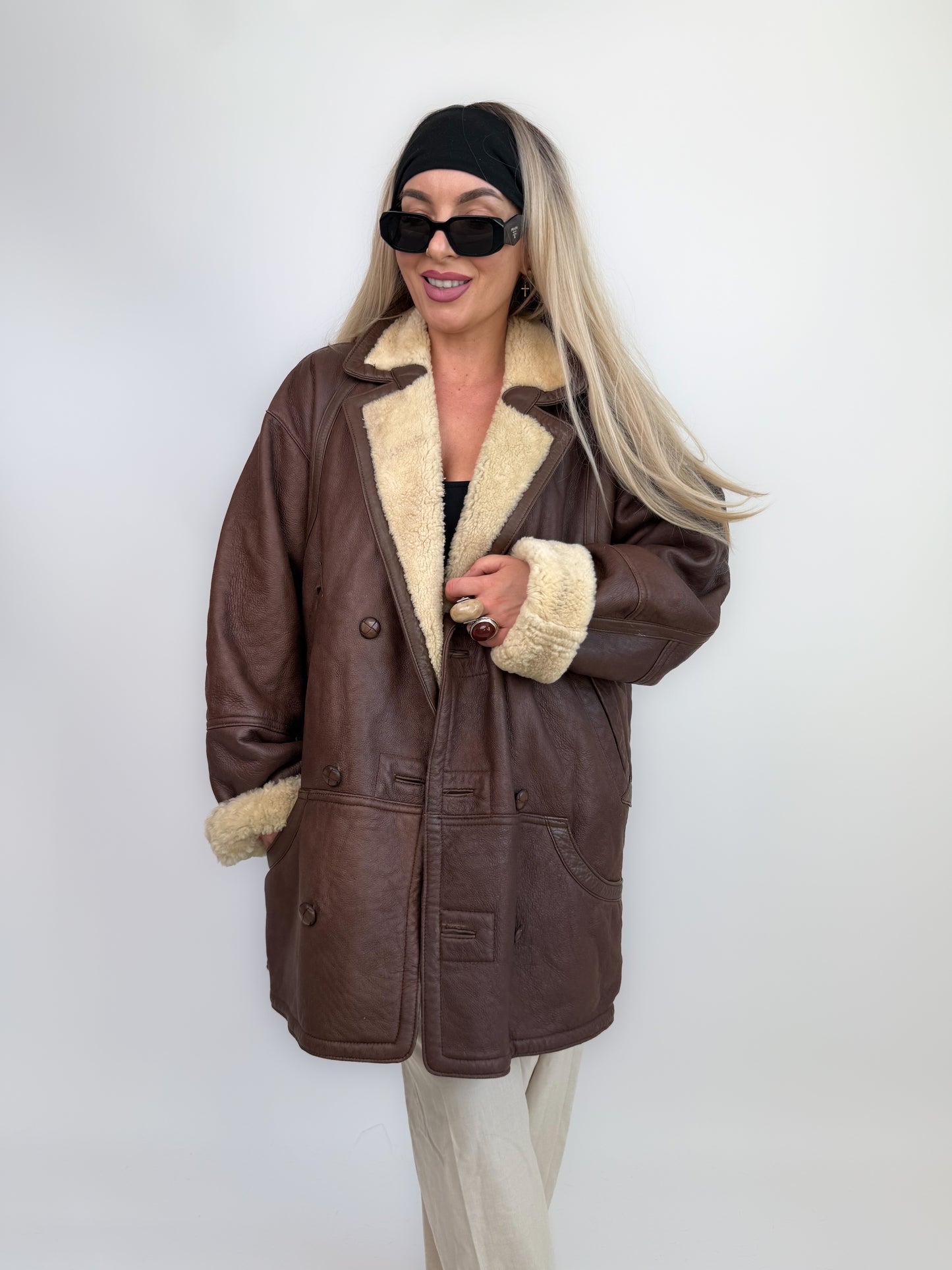 Vintage Shearling Sheepskin Leather Winter Coat Mens Womens