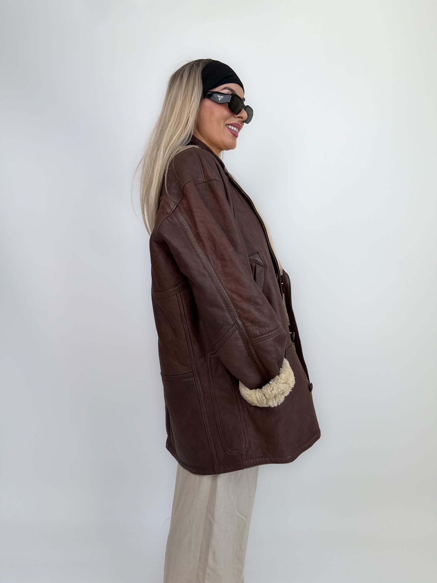 Vintage Shearling Sheepskin Leather Winter Coat Mens Womens