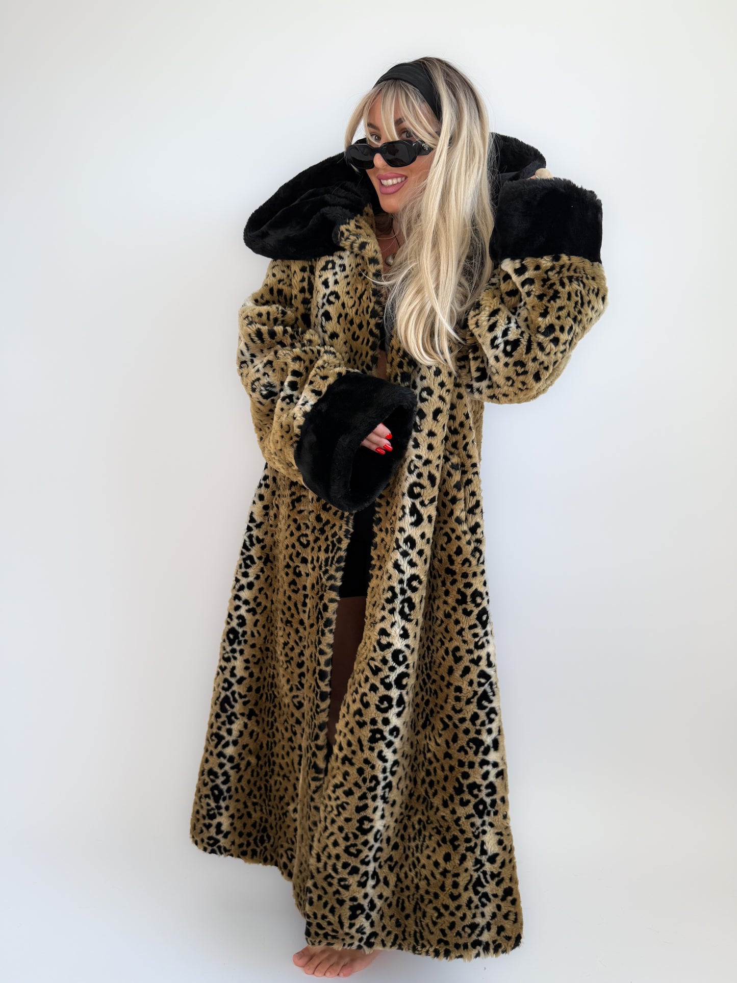 Vintage 90s Leopard Print Faux Fur Maxi Long Coat – Oversized Hooded Mob Wife Statement Jacket L-XL