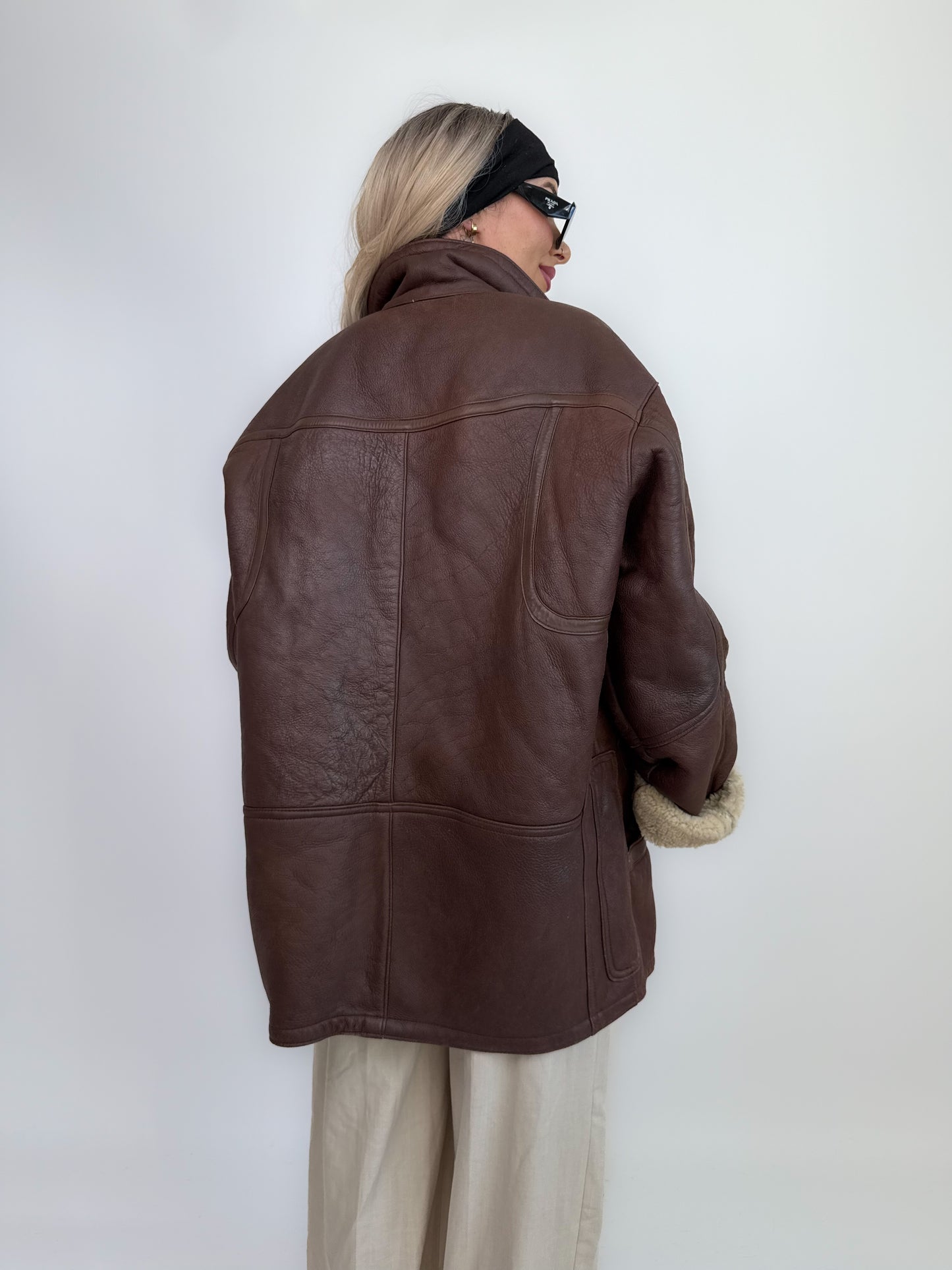 Vintage Shearling Sheepskin Leather Winter Coat Mens Womens