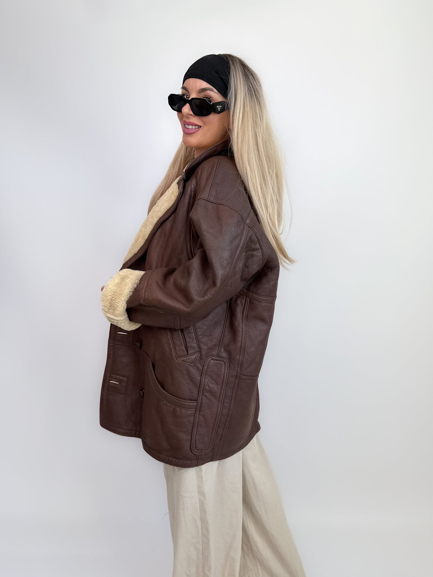 Vintage Shearling Sheepskin Leather Winter Coat Mens Womens