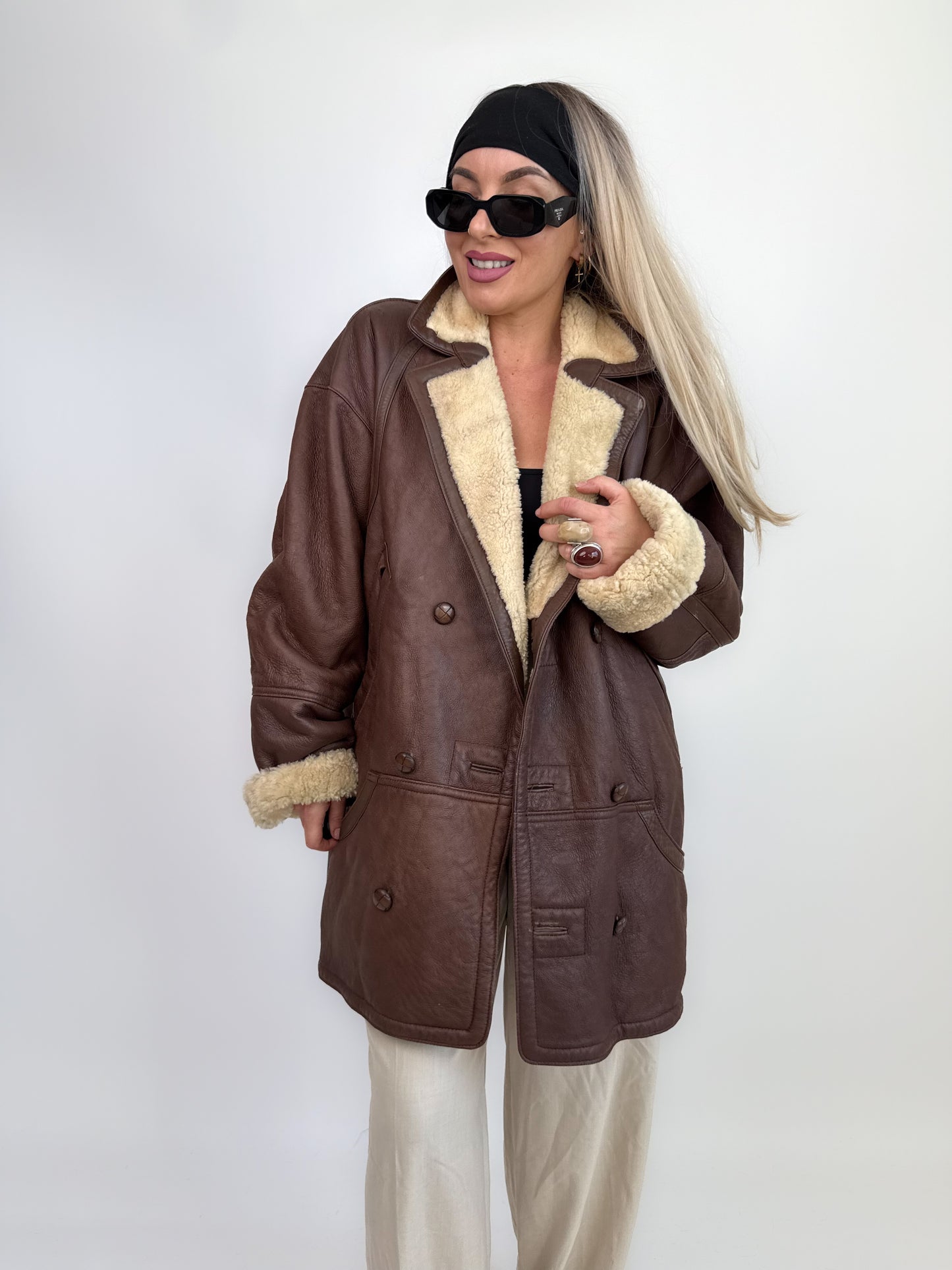 Vintage Shearling Sheepskin Leather Winter Coat Mens Womens