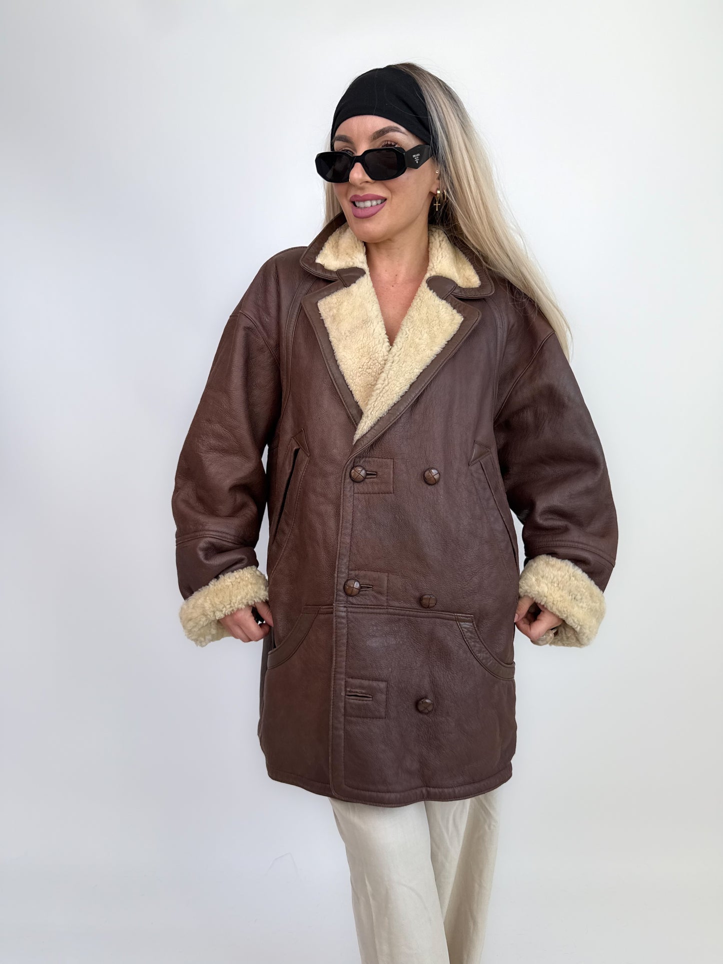 Vintage Shearling Sheepskin Leather Winter Coat Mens Womens