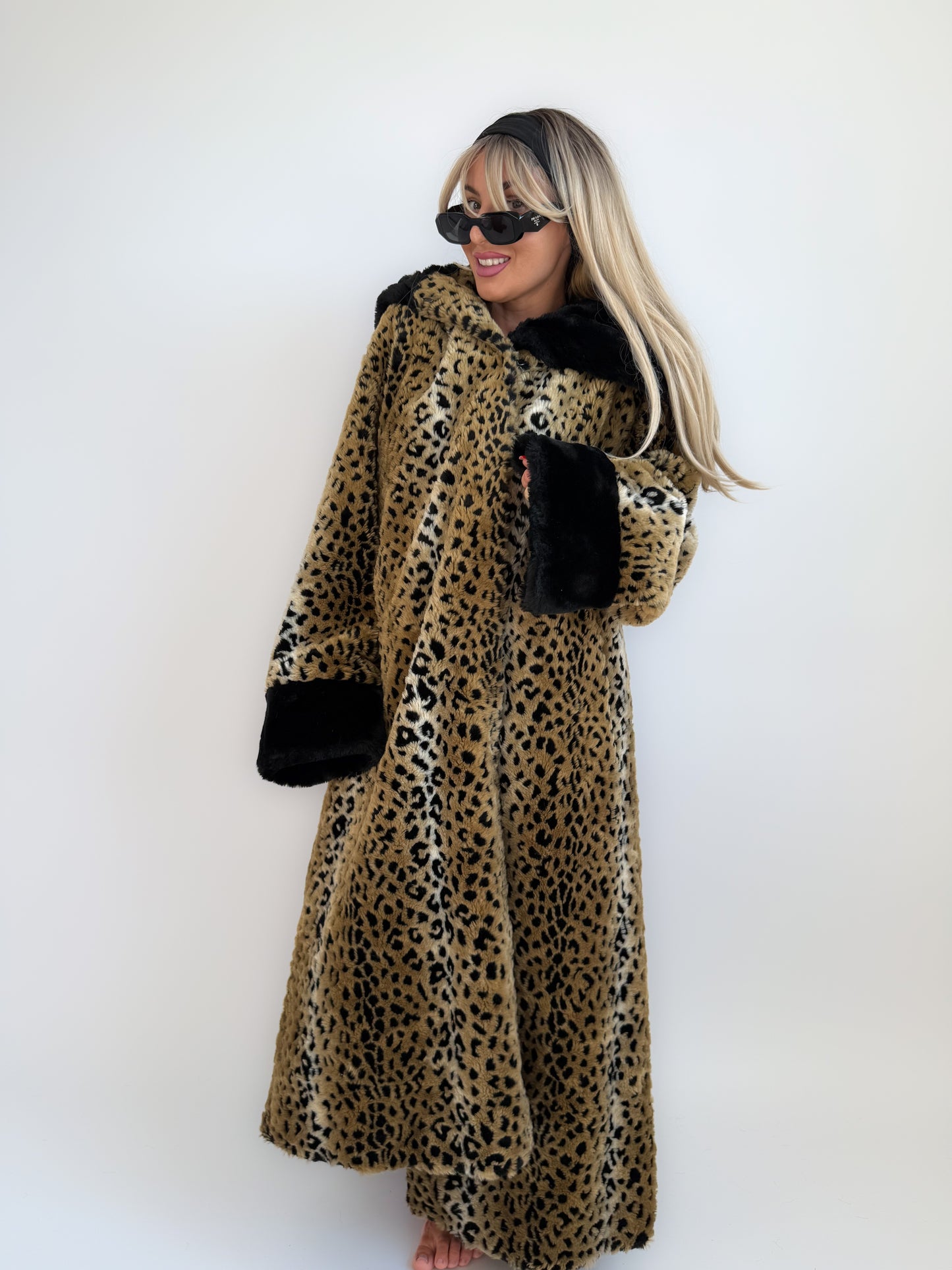 Vintage 90s Leopard Print Faux Fur Maxi Long Coat – Oversized Hooded Mob Wife Statement Jacket L-XL