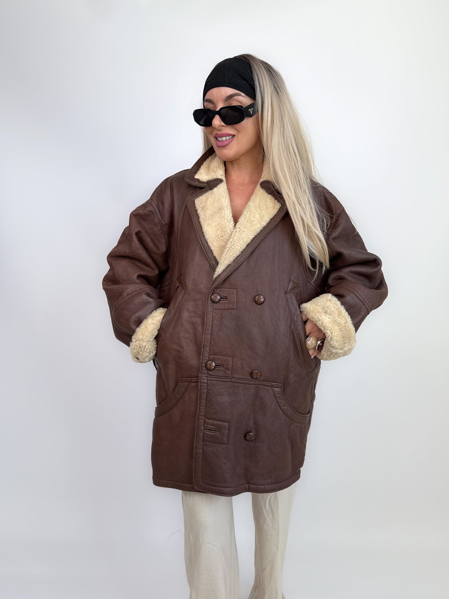 Vintage Shearling Sheepskin Leather Winter Coat Mens Womens