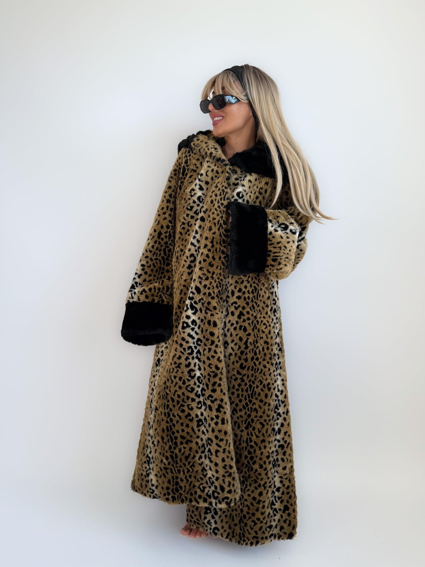 Vintage 90s Leopard Print Faux Fur Maxi Long Coat – Oversized Hooded Mob Wife Statement Jacket L-XL