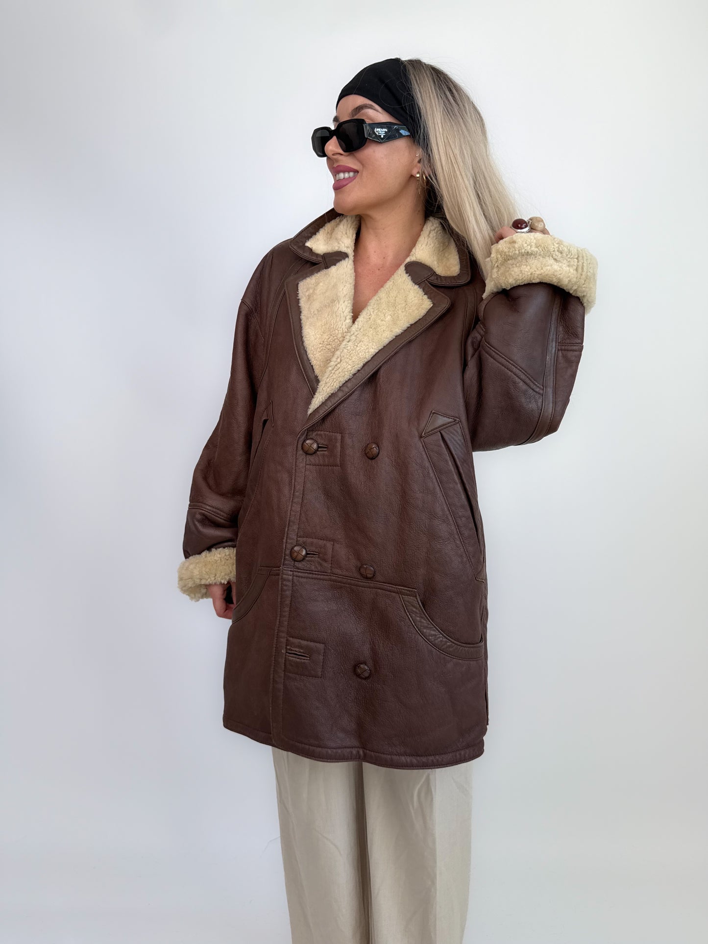 Vintage Shearling Sheepskin Leather Winter Coat Mens Womens