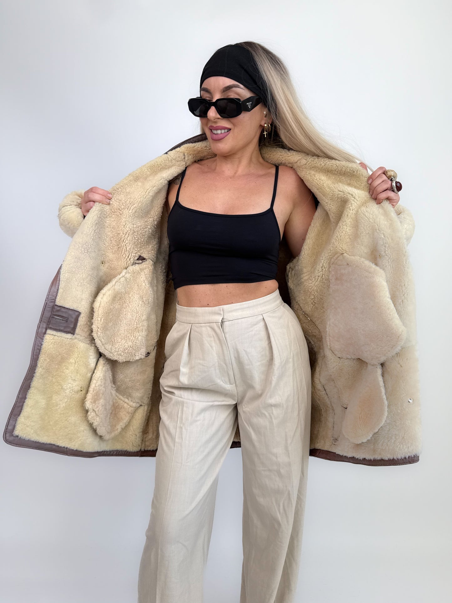 Vintage Shearling Sheepskin Leather Winter Coat Mens Womens