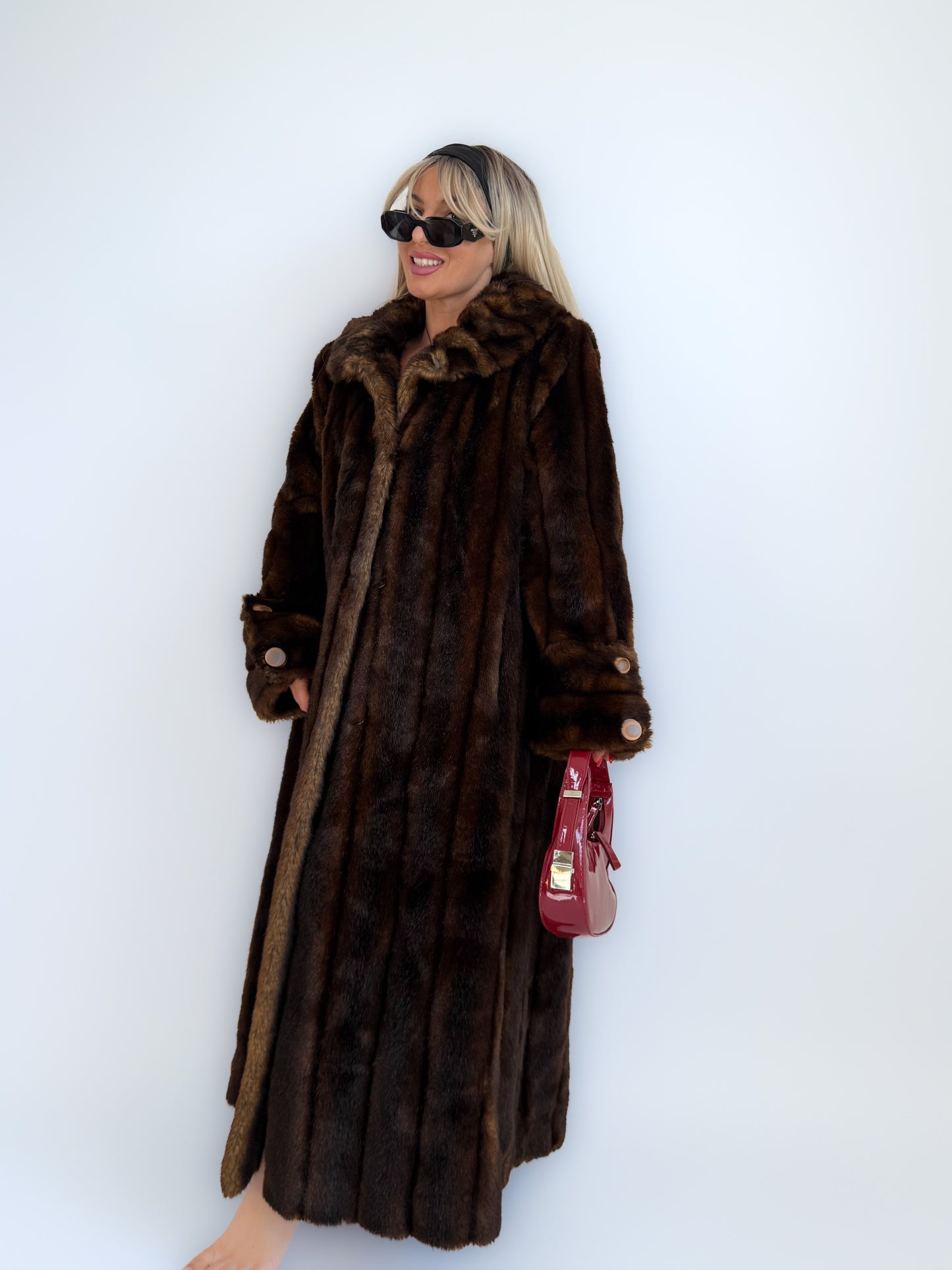 Vintage Long Brown Faux Fur Coat – 90s Full Length Mob Wife Style Winter Jacket - L