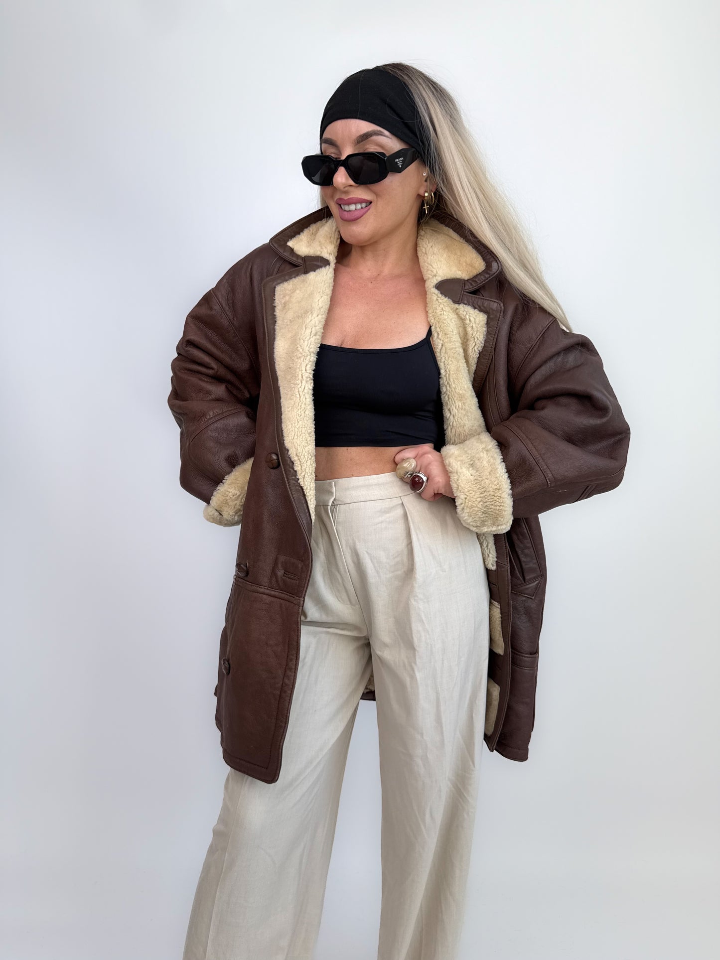 Vintage Shearling Sheepskin Leather Winter Coat Mens Womens