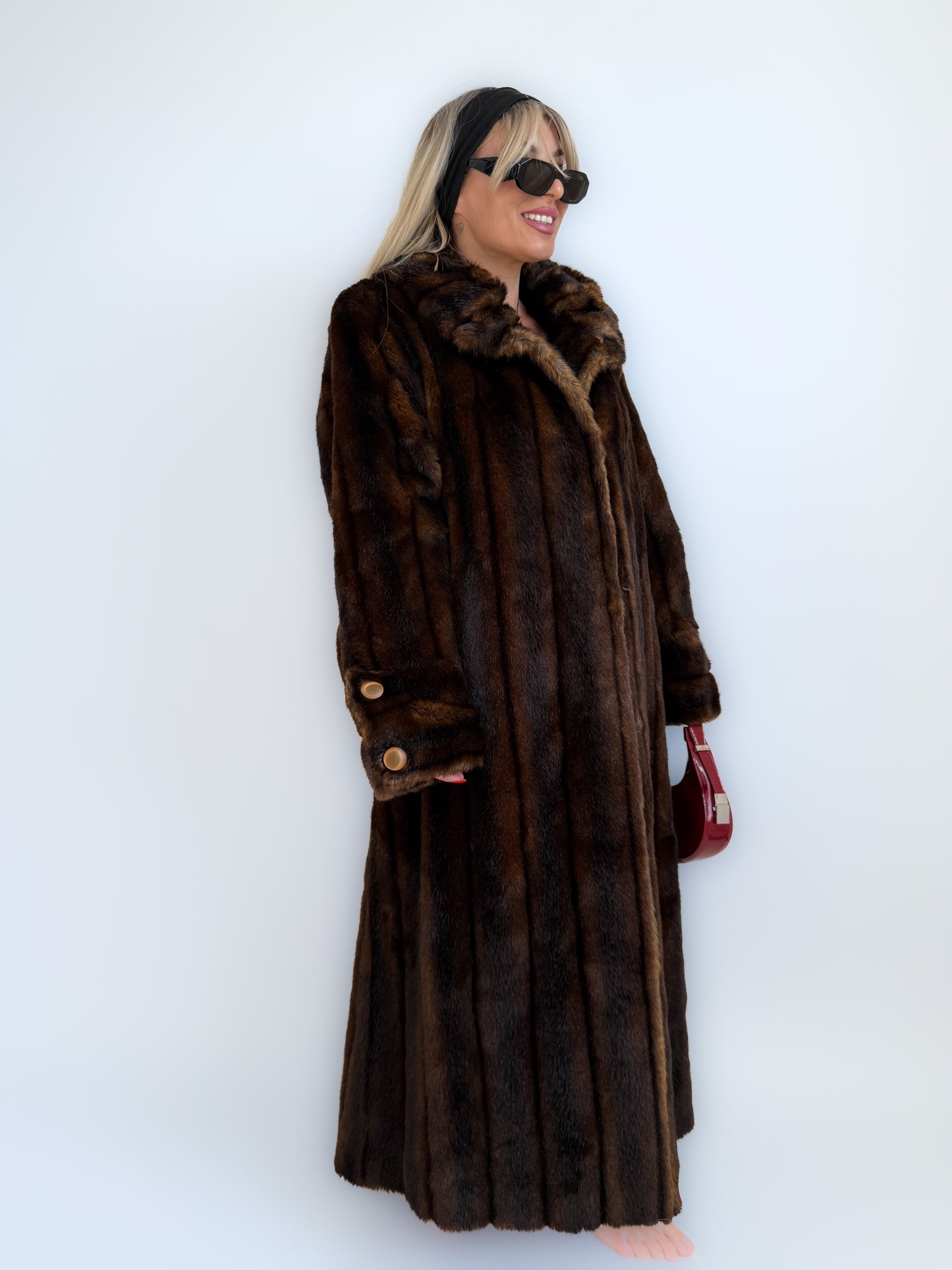 Vintage Long Brown Faux Fur Coat – 90s Full Length Mob Wife Style Winter Jacket - L