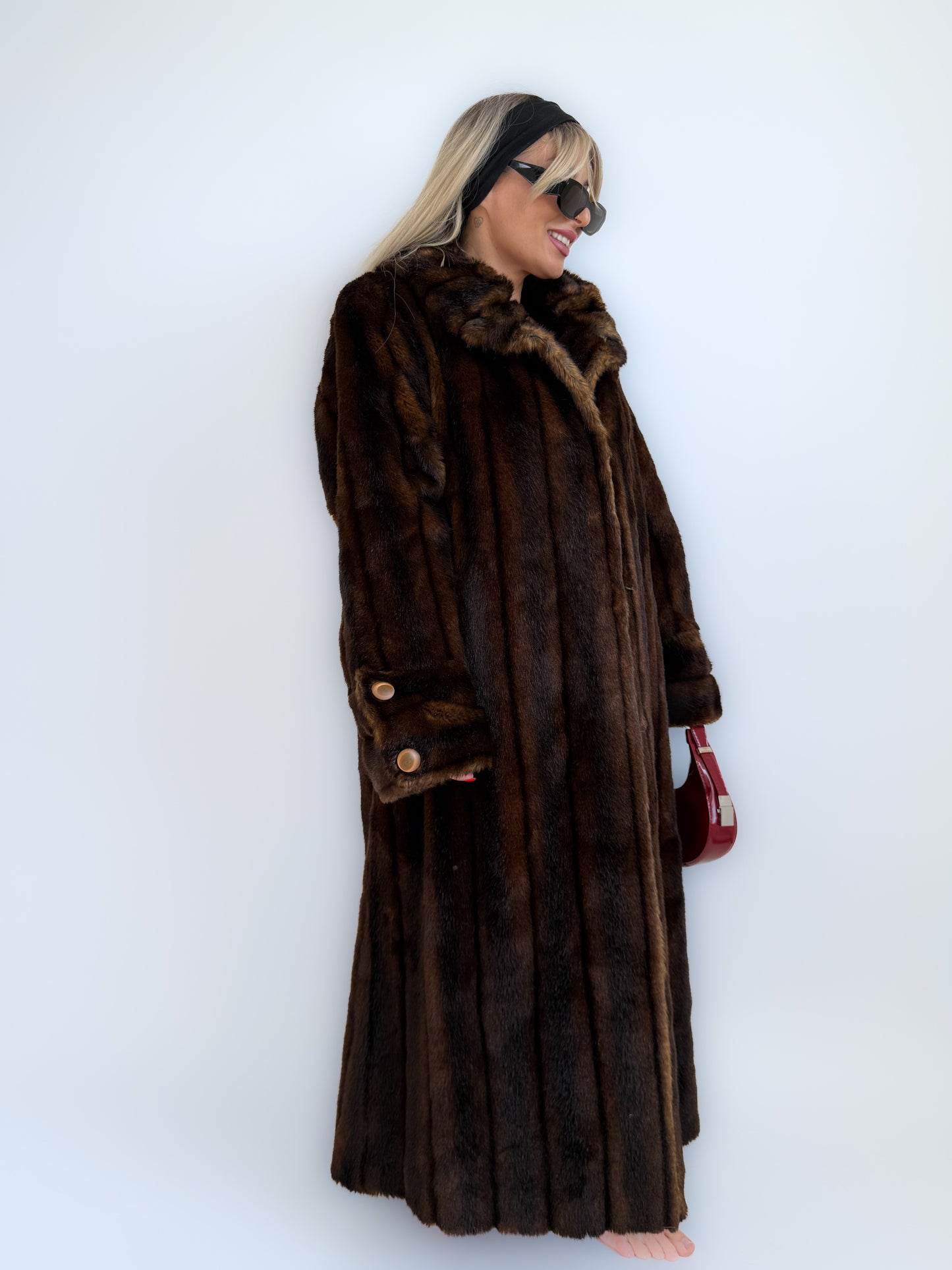 Vintage Long Brown Faux Fur Coat – 90s Full Length Mob Wife Style Winter Jacket - L