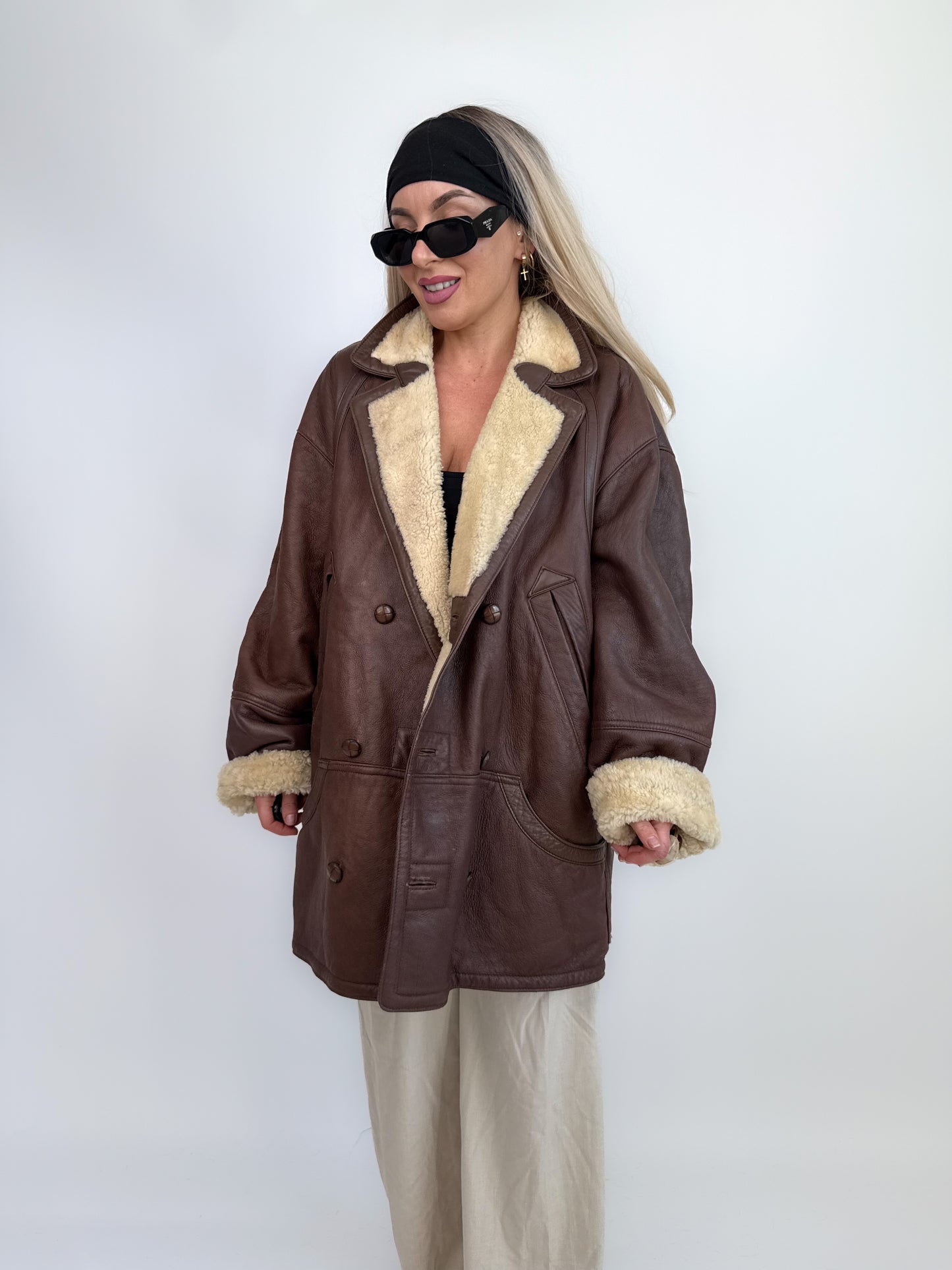 Vintage Shearling Sheepskin Leather Winter Coat Mens Womens