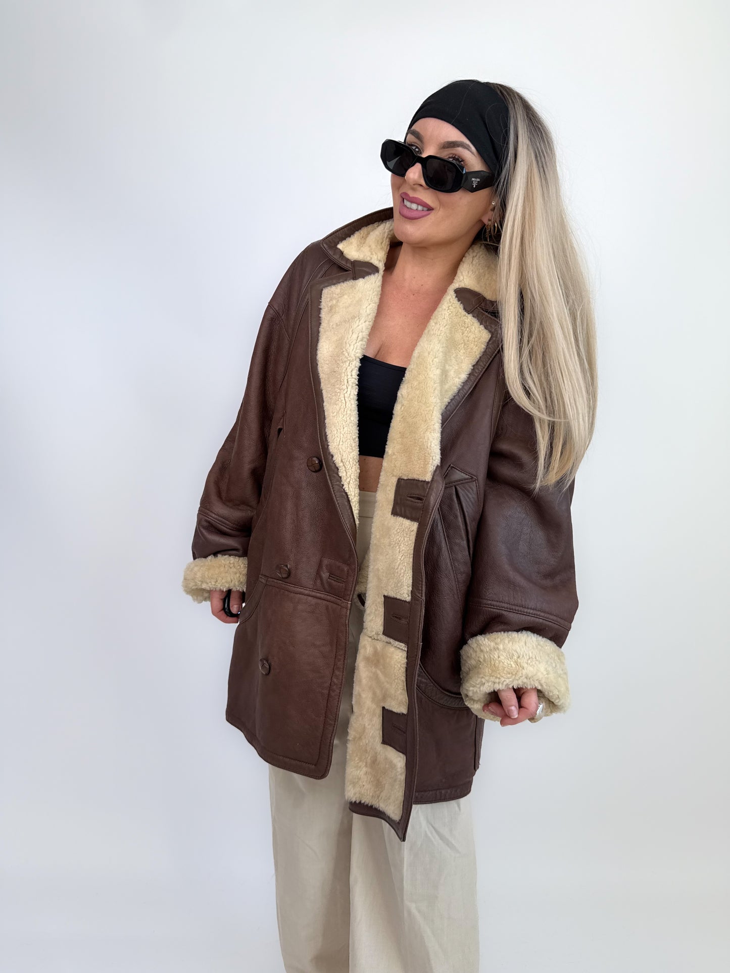 Vintage Shearling Sheepskin Leather Winter Coat Mens Womens