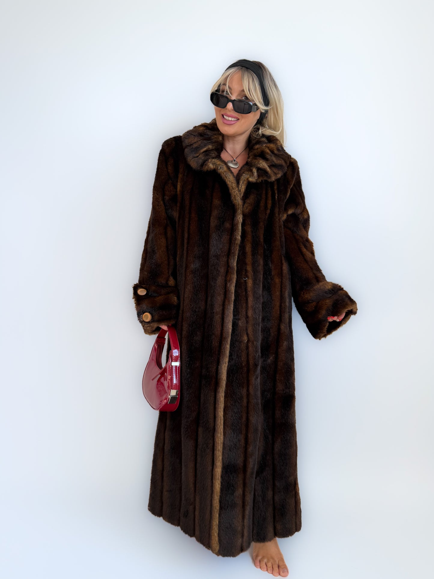 Vintage Long Brown Faux Fur Coat – 90s Full Length Mob Wife Style Winter Jacket - L