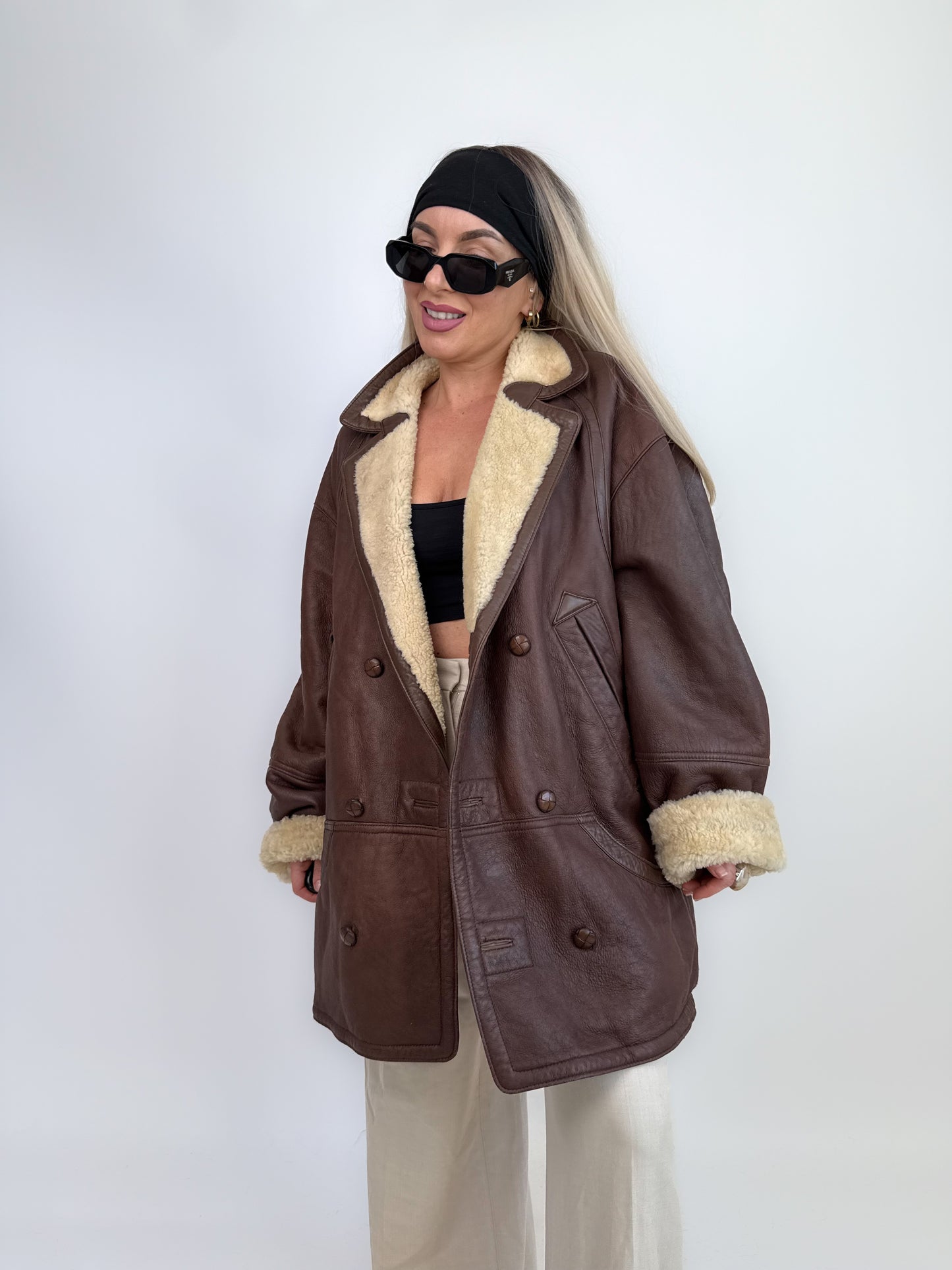 Vintage Shearling Sheepskin Leather Winter Coat Mens Womens