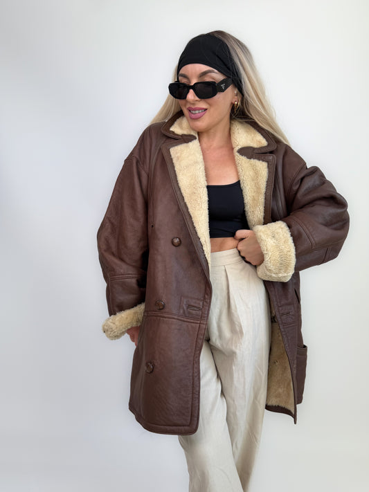 Vintage Shearling Sheepskin Leather Winter Coat Mens Womens