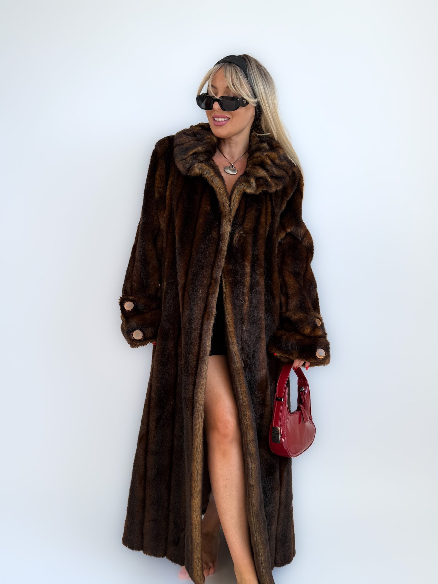 Vintage Long Brown Faux Fur Coat – 90s Full Length Mob Wife Style Winter Jacket - L
