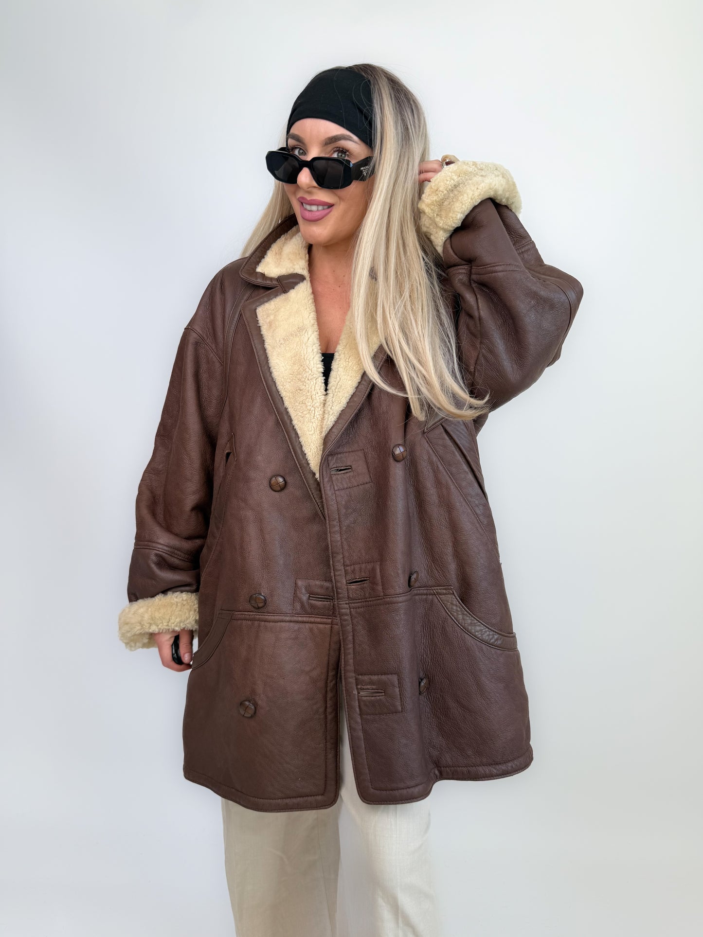 Vintage Shearling Sheepskin Leather Winter Coat Mens Womens