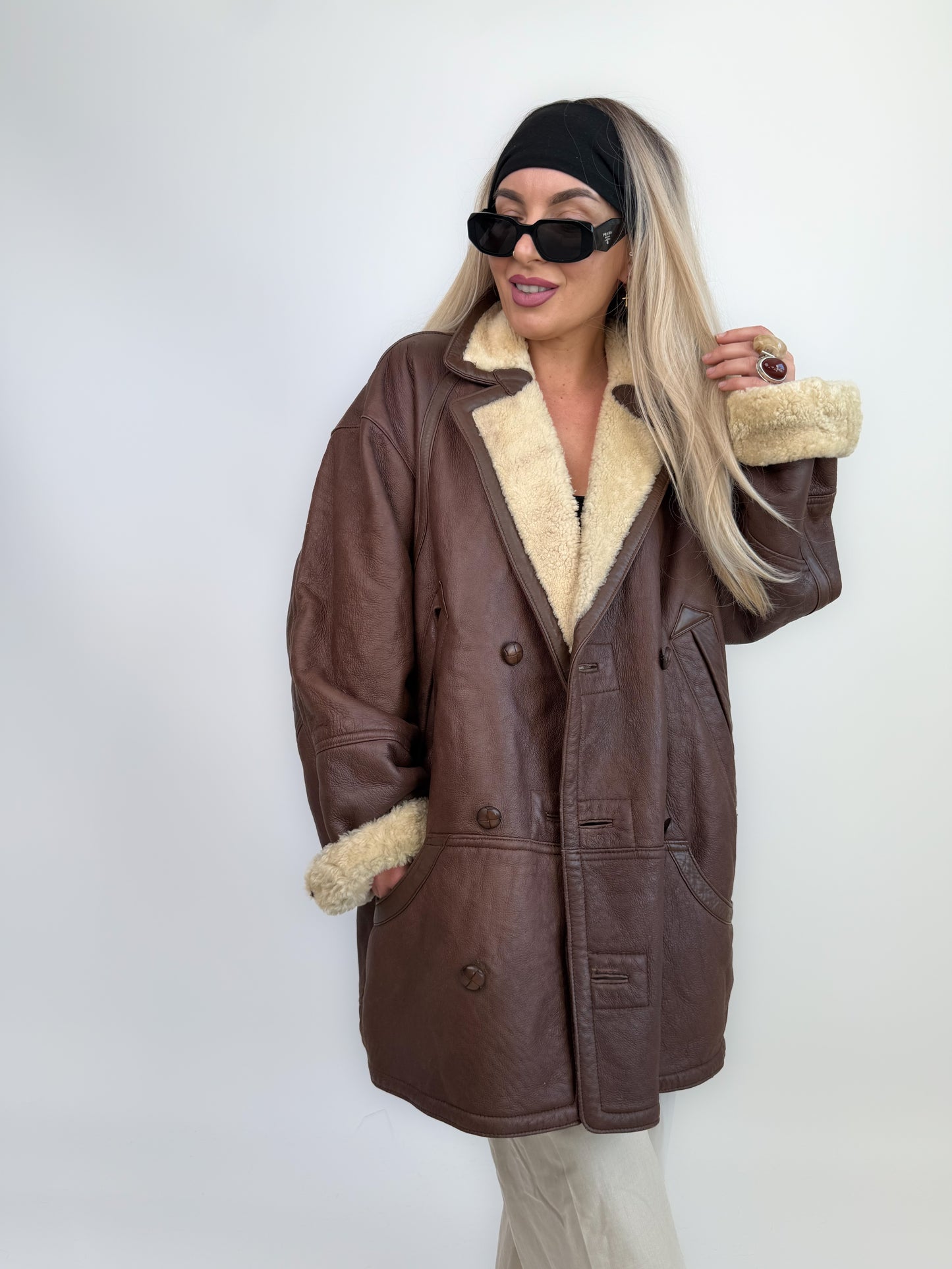 Vintage Shearling Sheepskin Leather Winter Coat Mens Womens